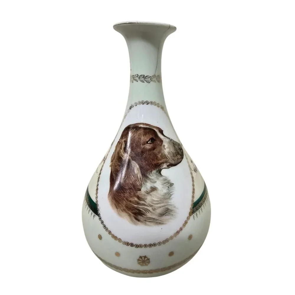 Antique Hand-Painted Porcelain Vase With Dog Portrait & Gold Detailing
